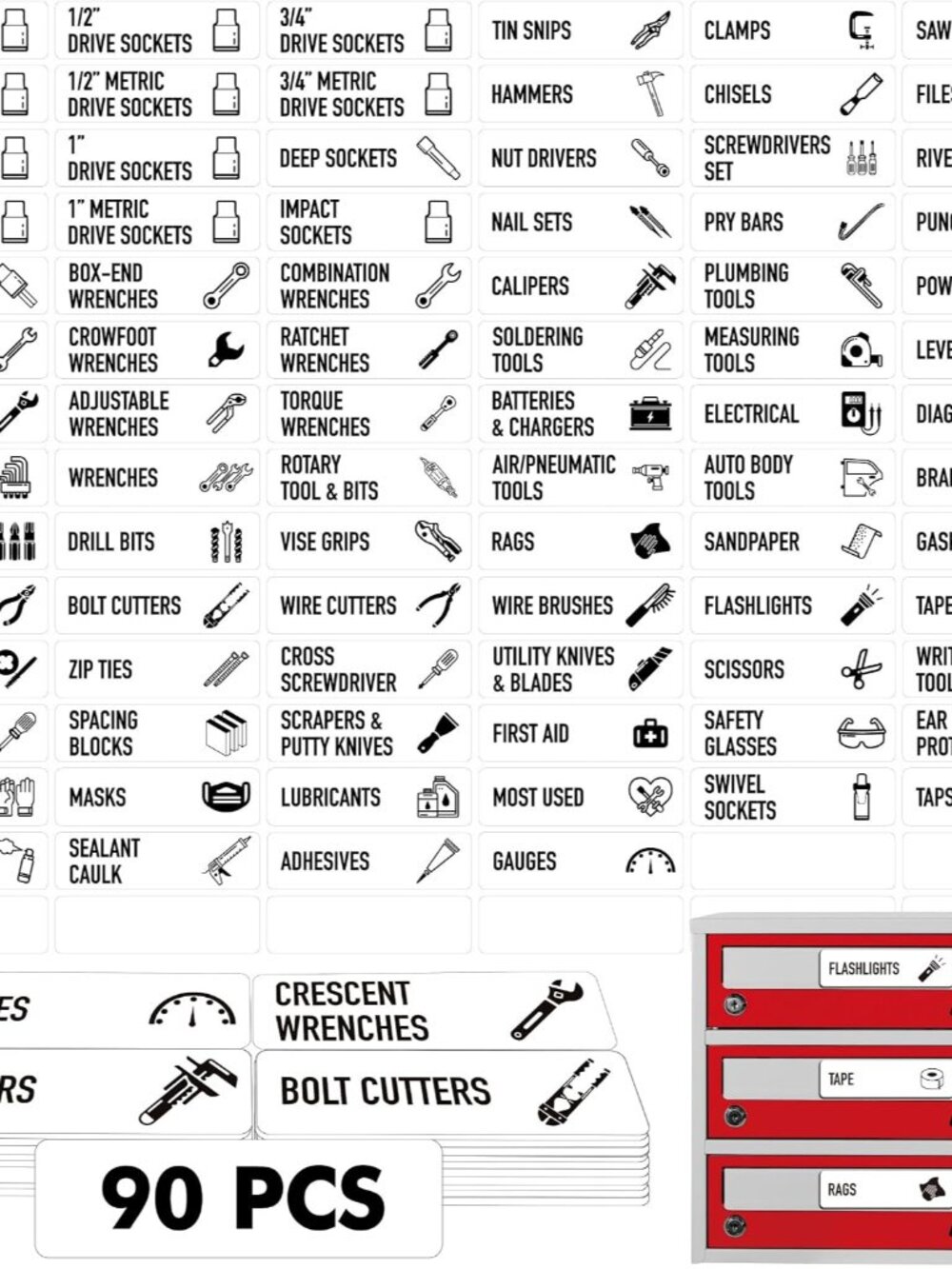 90 PCS Magnetic Toolbox Labels, 82 Pre-Printed & 8 Blanks Large Size Tool Chest